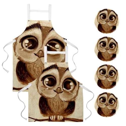 Tablier de serveuse hibou sur branche multicolore idéal pour la pâtisserie