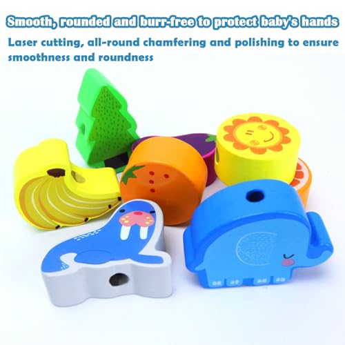 Image of 46 PCS Wooden Lacing Beads,Animals Fruits Threading Toys for Toddlers,Preschool Learning Lacing Toys,Montessori Educational Stringing Threading Beads Toys for Kids 3 4 5 6 Year Old Boys Girls