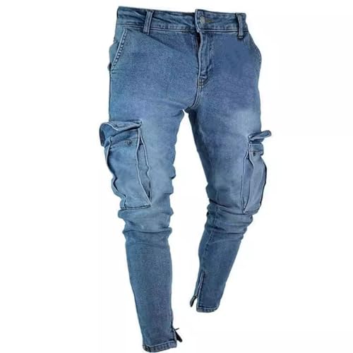 Jeans Pants Trouser Denim Stretch Trendy Knee Wear Out Hole Washed Blue Grinding Fading Zipper Small Leg for Men4