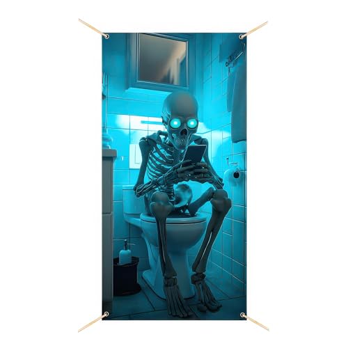 Image of BlissYard Halloween Door Cover Skeleton Restroom Scene 71 x 35 Inch | Polyester, Skeleton Restroom Scene, Halloween Door Cover, Bathroom Wall, Party Backdrop and Haunted House Decor
