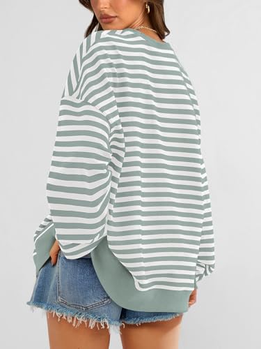 Image of PRETTYGARDEN Womens Striped Oversized Sweatshirt Color Block Crew Neck Long Sleeve Casual Loose Pullover Top Y2K Clothes