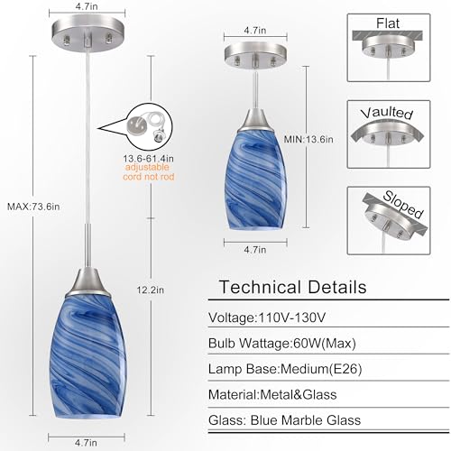 Image of Viinew Mini Glass Pendant Light,3-Pack Blue Marble Glass Pendant Light