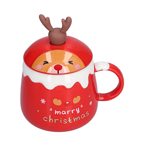 BORDSTRACT Taza de café de Navidad, taza de cerámica con tapa y cuchara de 450ml con tema navideño bonito, adorable para amigos, familias(alce rojo)