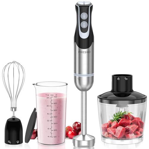 FRESKO Hand Blender 4-in-1, 1000W Electric Stick Blender Stainless Steel with 12-Speeds & Turbo Mode, Baby Food Immersion Blender Handheld with Whisk，700ml Measuring Cup & 500ml Chopper
