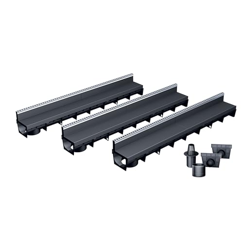 MEA Pack de 3 Caniveaux Extérieurs MEAPARK – Grille à Fente en PP Recyclé + Profil E-Blade L en INOX – Drainage Terrasse, Piscine, Jardin– Classe A15...