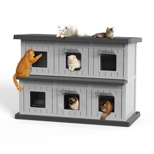 DRATO Outdoor Cat House Large Double-Decker Cat Houses for Outdoor Cats with Adjustable Window Balcony Weatherproof UV Protection Cat Shelter for Several Feral Cats,Black and Grey