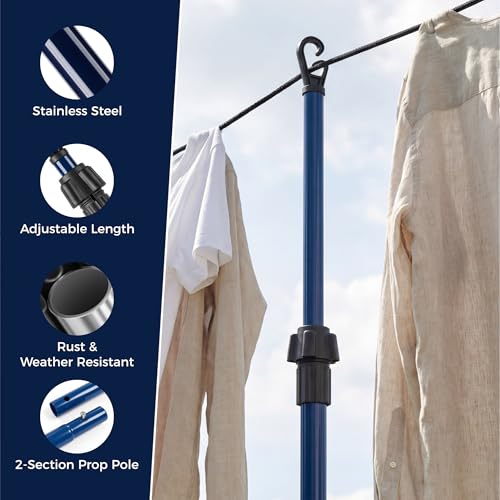 Telescopic Washing Line Prop Pole Clothesline Heavy Duty Home Garden Washing Line Dry Clothes Drying Airer Support Clothes Line Pole Galvanised Laundry Washing Line Poles Extenedable to 2.4M Pack of 2 - 3