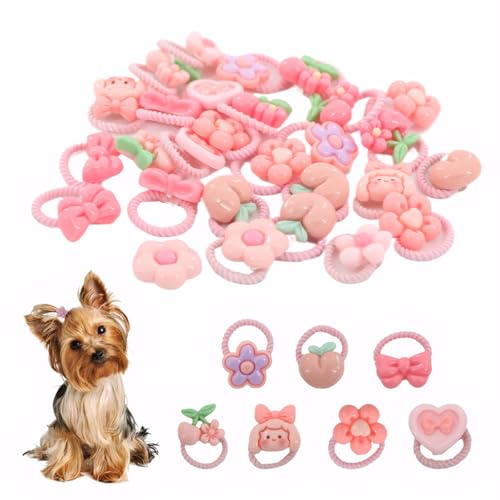 panthra 40 Pcs Dog Bows for Ears, Mixed Styles Puppy Hair Bows, Cute Grooming Flower Bowknot Strawberries Topknot Dog Hair for Yorkie Shih Tzu Maltese (Pink)