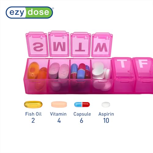 Image of EZY DOSE Weekly (7-Day) Daily Pill Organizer, Vitamin Planner, Medicine Container, Case for Supplements and Fish Oils, Convenient and Easy to Use, Medium Compartments, Travel Friendly, Pink, BPA Free