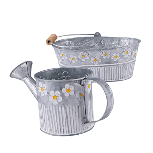 FONDOTIN Vintage Antique Iron Bucket Planter 2pcs Set Large Flower Pots Gardening Buckets Home Decorative Oval Metal Pails with Watering Can for Patio and Indoor Planting