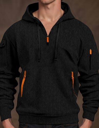 Kissonic Hoodies for Men Quarter Zip Pullover Vintage Workout Hoodie Casual Military Tactical Sweatshirt with Pockets(Black-L)3