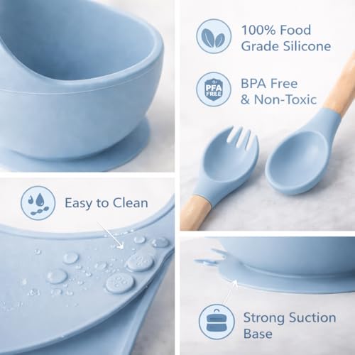 Image of 6PCS Silicone Baby Feeding Set - Suction Plate, Bowl, Bib, Spoon, Fork, Cup - BPA-Free, Non-Toxic, Microwave & Dishwasher Safe for Toddlers 6+ Months - Light Blue