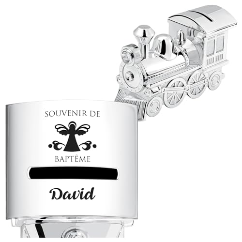 Maverton Tirelire Personnalisable en Métal Argenté pour garçon - Tirelire Enfant Épargne en Forme de Locomotive pour pièces et Billets - Cadeau Anniversaire Fille -...