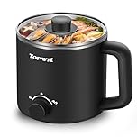 TOPWIT Hot Pot Electric, 1.6L Ramen Cooker, Multifunctional Electric Cooker for Pasta, Shabu-Shabu, Oatmeal, Soup and Egg with Over-Heating Protection, Boil Dry Protection, Black