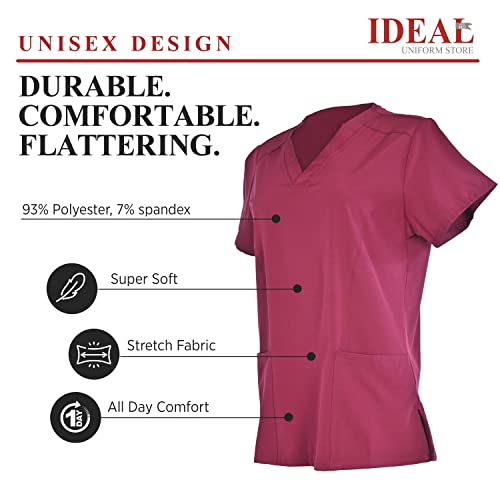 Ideal V-Neck Scrub Top For Men & Women- Unisex Workwear Medical Scrub With 2 Side Pockets, Wine, Large, 2 Pack #TOP5