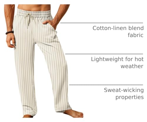 Image of iWoo Linen Pants Men Casual 2025 Summer Beach Elastic Drawstring Waist Yoga Pants Travel Baggy Work Pant Pajama