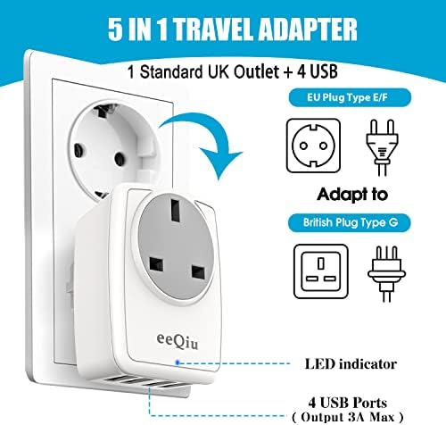 UK to EU Euro Europe Plug Adapter with 4 USB Ports, eeQiu Grounded European Travel Adapter for Turkey France Germany Spain Greece Portugal Netherlands Iceland and More (Type E/F)