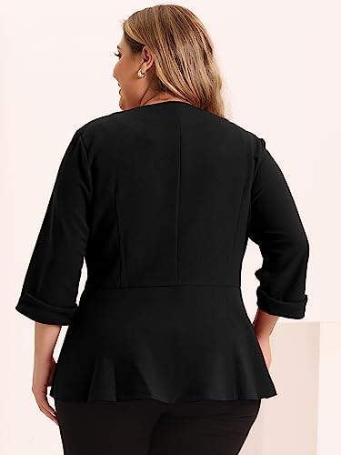 Agnes Orinda Women's Plus Size Blazer Jackets Notch Panel V Neck Button Ruched Business Office Peplum Blazers 2X Black #TOP3