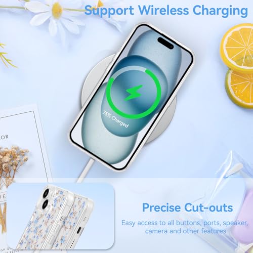 Coque iPhone 15 Plus antichoc fleurie en TPU souple et mince bleu clair