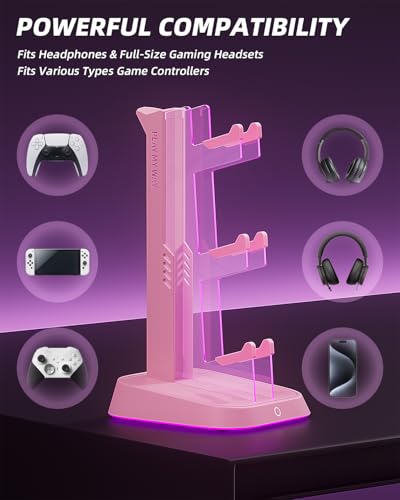 Mytrix RGB Gaming Headphone Stand & Controller Holder with Multi-Light Modes - Headset Stand with 2 USB Charging Ports and Type-C - Perfect Desktop Accessory and Gift for Gamers (Pink)