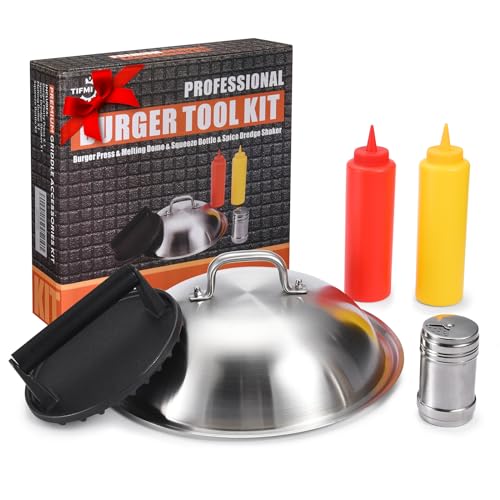 TIFMI Griddle Accessories, 7" Burger Press & 12" Round Melting Dome, 2Pcs Squeeze Squirt Bottles, Dredge Shaker, Griddle Accessories Tools for Camp Chef,Weber Grill,Blackstone,Camping BBQ