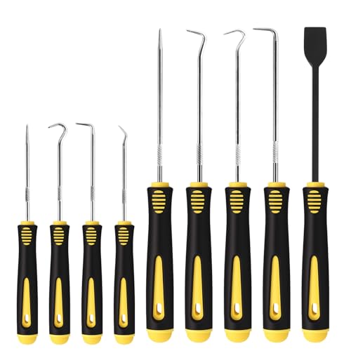 Pahiuii 9PCS Hook and Pick Tool Set with Scraper- Automotive Pick Set with Metal Pick Tools & Ergonomic Grip, Mechanic Tool Set for Car Repair, O-Rings, Gaskets, and Tight Spaces