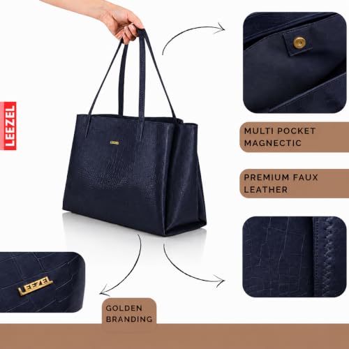 Image of LEEZEL Women's Structured Tote Bag - Large Capacity Work & Travel Purse Croco Pattern Vegan Leather Stylish Tote Bag Classic Everyday Shoulder Bag