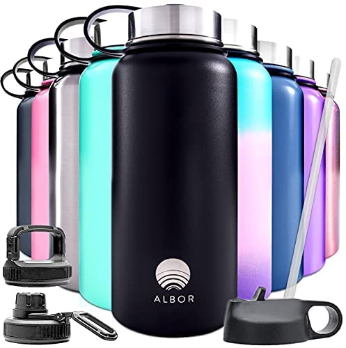 Albor Insulated Water Bottle With Straw, 32 Oz - 100% Leak-Proof With 4 Lids (2 Straw Lids) - Triple Insulated Stainless Steel Water Bottles, Reusable Water Bottle, Black #TOP6