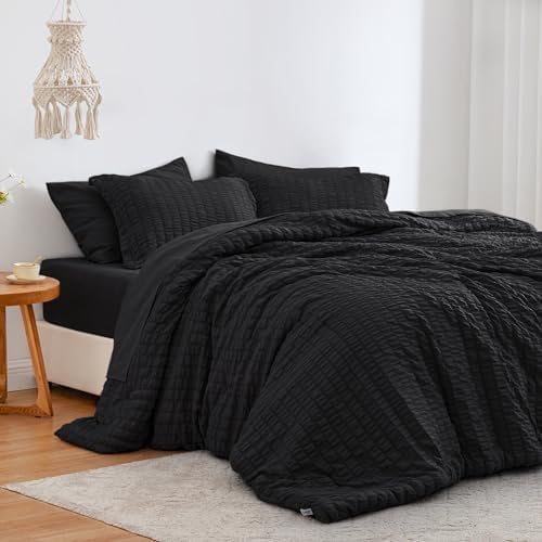 Love's cabin Seersucker Black King Size Comforter Set, 7-Piece All Season Lightweight Bed in a Bag Bedding Set with Comforter, Flat Sheet, Fitted Sheet, Pillowcases and Shams
