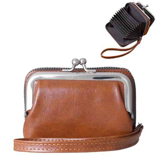 Real Leather Wallet 2-in-1 Floral Bifold with Kiss-Lock & Zipper Black (Brown)