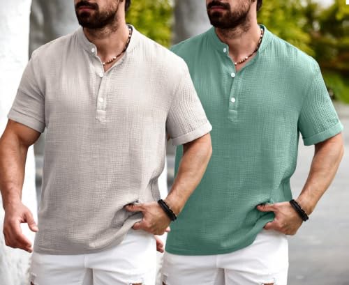 Image of Zombom Men's Polycotton Solid Short Kurta | Regular Fit | Half Sleeve | Mandarin Collar | Lightweight Casual Wear for Daily, Summer Comfort & Smart Look