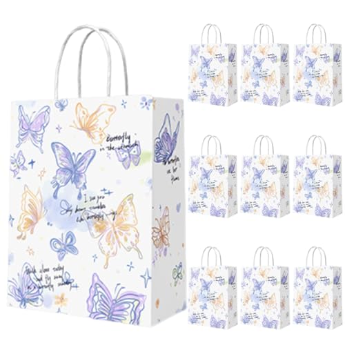 LUDHEP 10 Piezas Pequeñas Bolsas Papel Kraft con Asas, bolsas de papel de mariposas, para cumpleaños de niñas, coloridas, para Compra, Navidad Fiestas, 15 x 8 x 21 cm