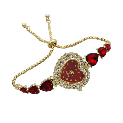 SHINROAD Montre à quartz pour femme avec cadran en forme de cœur et bracelet en forme de cœur avec strass réglable et curseur, Rouge, Style de cadran