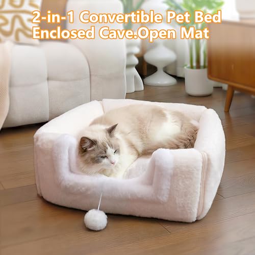 OMIVIER Cat Bed for Indoor Cats,2-in-1 Convertible Cat Bed & Cave,Foldable Washable Cat House,Soft and Thick Removable Inner pad, Anti-Slip Bottom,cat Tent for Kittens,Cats & Small Dogs,Cream by OMIVIER - Used condition - Image 4