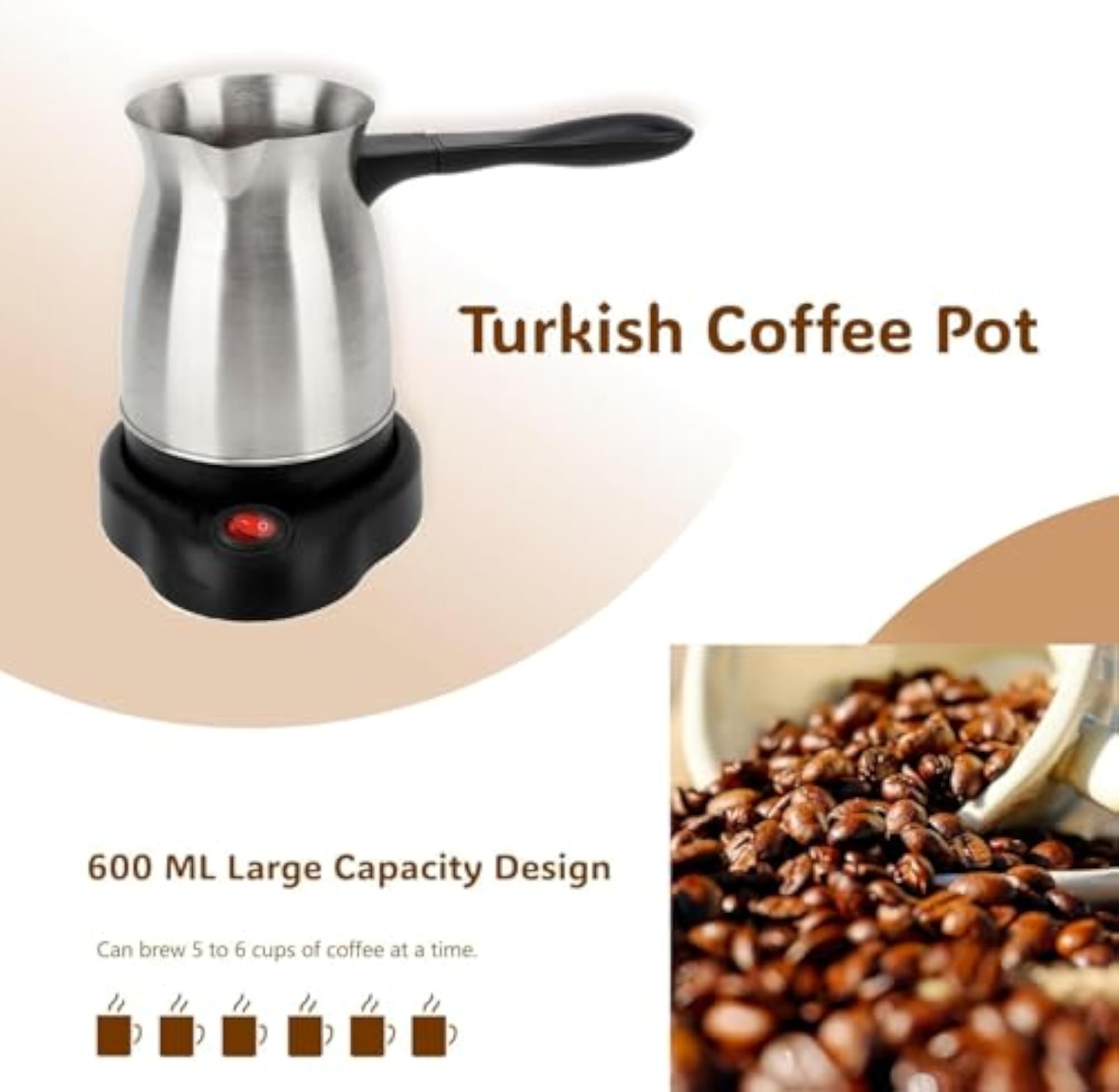 Elegant Electric Turkish Coffee Maker, 600ml Stainless Steel Kettle