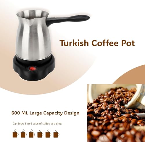 Image of Elegant Electric Turkish Coffee Maker, 600ml Stainless Steel Kettle, Tea, Coffee, Milk, Melted Butter, Water Boiler with Power Switch, Coffee Maker Pot
