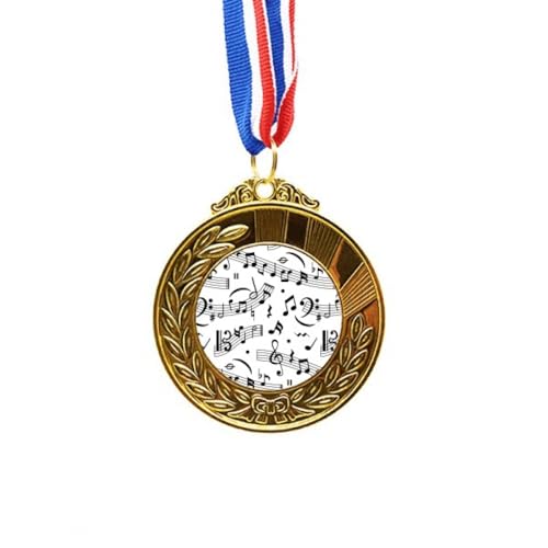 Medalla de oro de primer puesto con notas musicales y cinta de gala