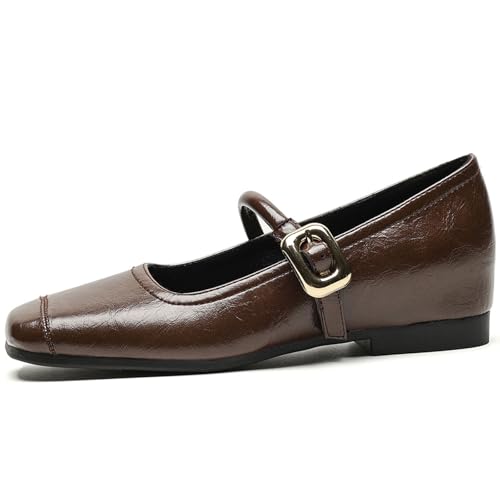 Women's Retro Elegant Leather Fashion Buckle Flat Mary Jane Shoes Casual and Comfortable Square Head Soft Sole Ballet Flat Shoes