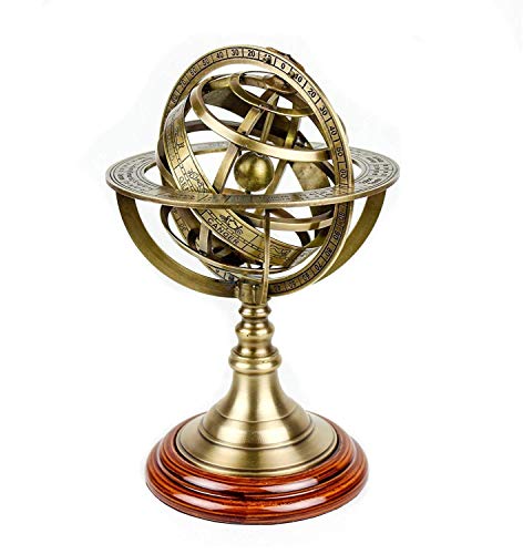Antique Vintage 9" Armillary Brass Sphere Globe Wooden Base Display | Pirate's Antique Ship Table Decor Gift