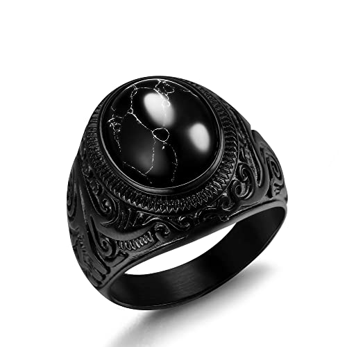 Dochais Retro Tiger Eye Stone Mens Rings, Black Onyx Rings for Men Stainless Steel Ring Oval Biker Ring for Mens Jewelry