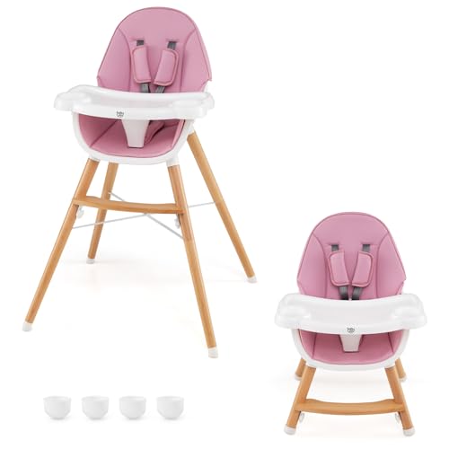 Image of BABY JOY Baby High Chair, Wooden High Chair for Babies & Toddlers with Dishwasher Safe Double Removable Tray, Infant Feeding Chair with 5-Point Safety Harness & Detachable PU Seat Cushion (Pink)