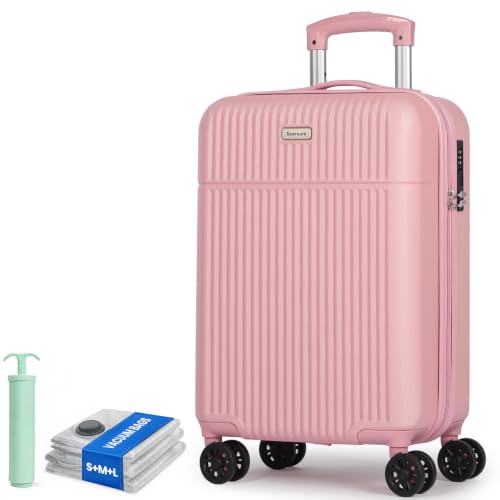 H.yeed Carry on Suitcase ABS Hard Shell Lightweight Small Trolley Travel Cabin Luggage with 4 Double Spinner Wheels TSA Lock for Women 21 Pink