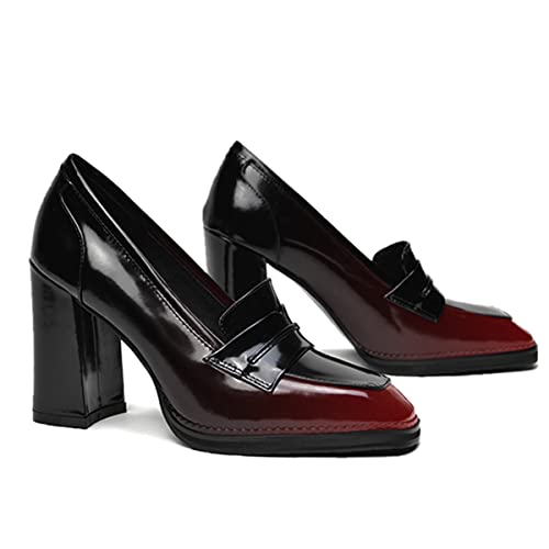 Image of FOWT Dressy High Block Heels Loafers for Women Classical Square Toe Pumps Comfortable Slip On Walking Shoes School Uniform Goth Oxfords US Size 4-16 M