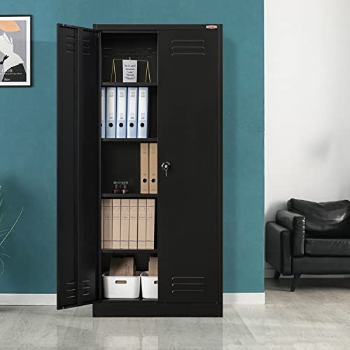 Besfur Metal Garage Storage Cabinet - 71“H Black Locking Steel Locker With Adjustable Shelves - Garage Storage Cabinet For Office, Garage, Home (Black) #TOP1