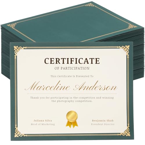 100 Count Single Sided Certificate Holders with Gold Foil Border Diploma Cover for or Letter Size 8.5 x 11 Certificate Paper, Cardstock, Award, Graduation, Documents,School - Green