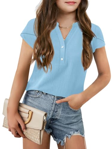 Image of Haloumoning Girls Petal Short Sleeve T Shirts V-Neck Tops