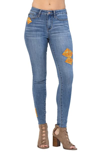 Judy Blue Mid Rise Skinny Jeans Boho Patch 70s Print Denim Stretch Fit Ladies Pants 88507