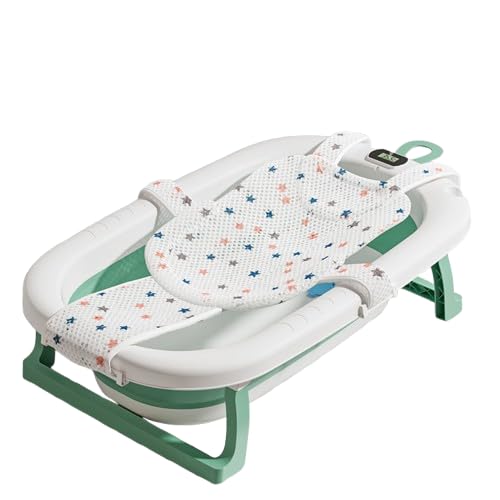 Xozilo赤ちゃん用バスケット 折り畳み式 温度計付き 滑り止め付き 赤ちゃん バスルーム バスタブ シンク 新生児 0~6歳 浴室ネットセット付き 簡単収納 (グリーン,TC感温タイプ+星型バスネット)