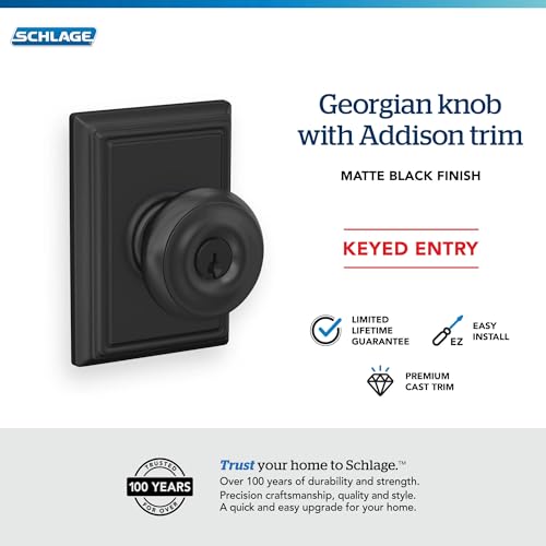 Image of Schlage F51A GEO 622 ADD Georgian Door Knob with Addison Trim, Keyed Entry Lock, Matte Black