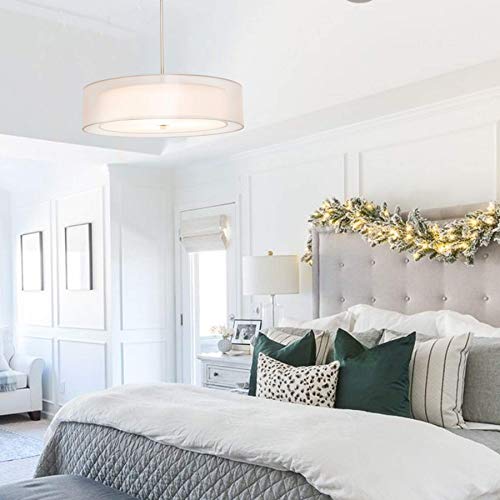 Vonluce 3 Light Double Drum Pendant Light, 20" Brushed Nickel Convertible Semi-Flush Mount Drum Ceiling Light Fixture For Kitchen Island Dining Table Bedroom, Modern Hanging Lights Chandelier #TOP1